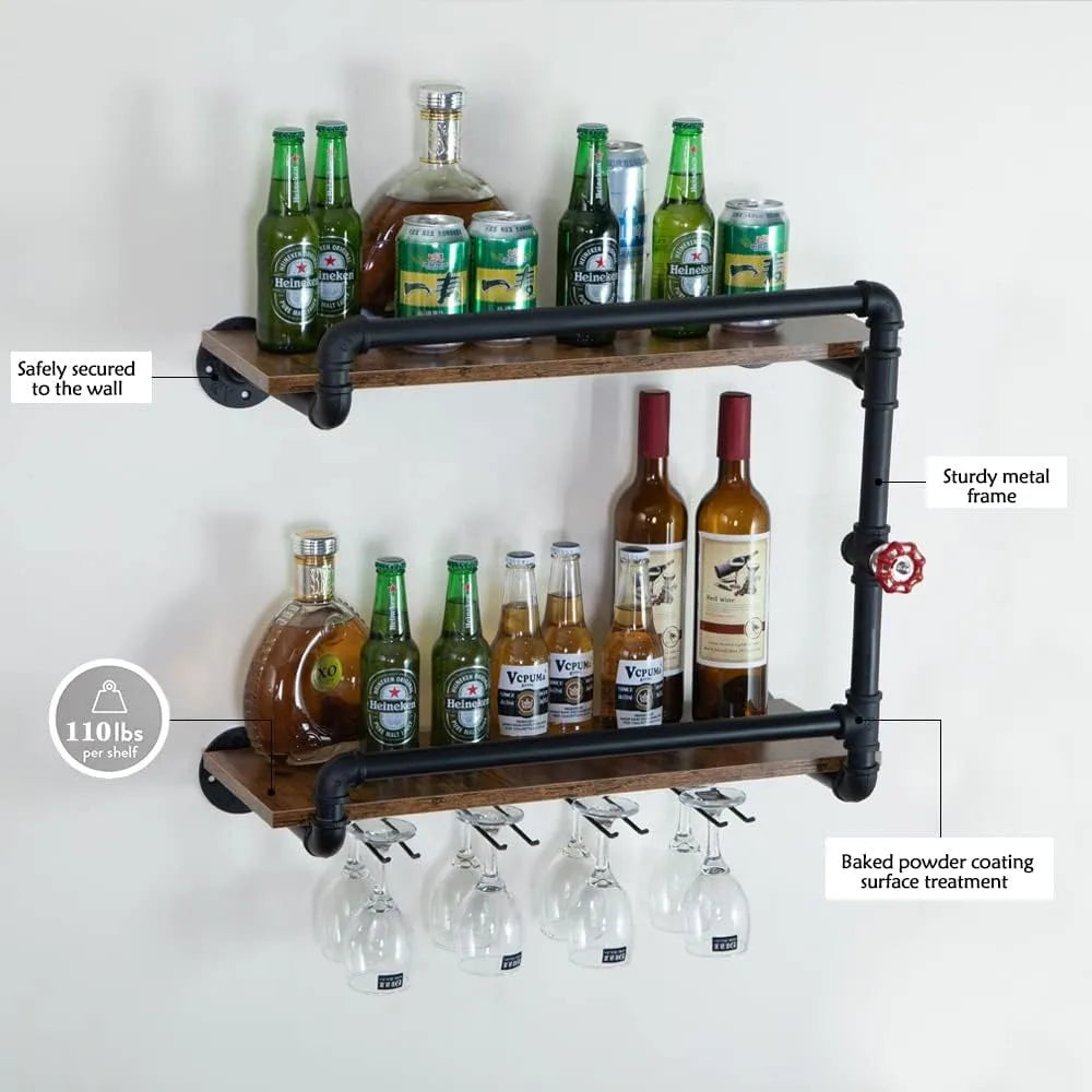 Wall-Mounted 2-Tier Mini Bar Shelf with Glass Holder for Small Liquor Storage, Industrial Rustic Style