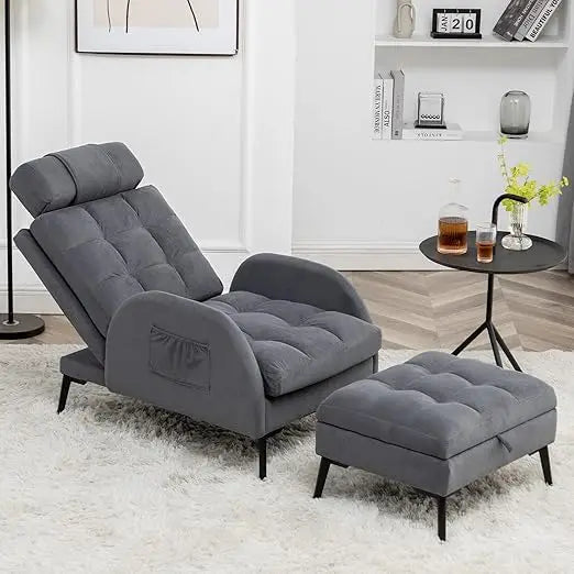 Accent Chair with Ottoman, Comfy Reading Chair and Ottoman Set, Modern Velvet Lounge Armchair with Storage and Adjustable Backre