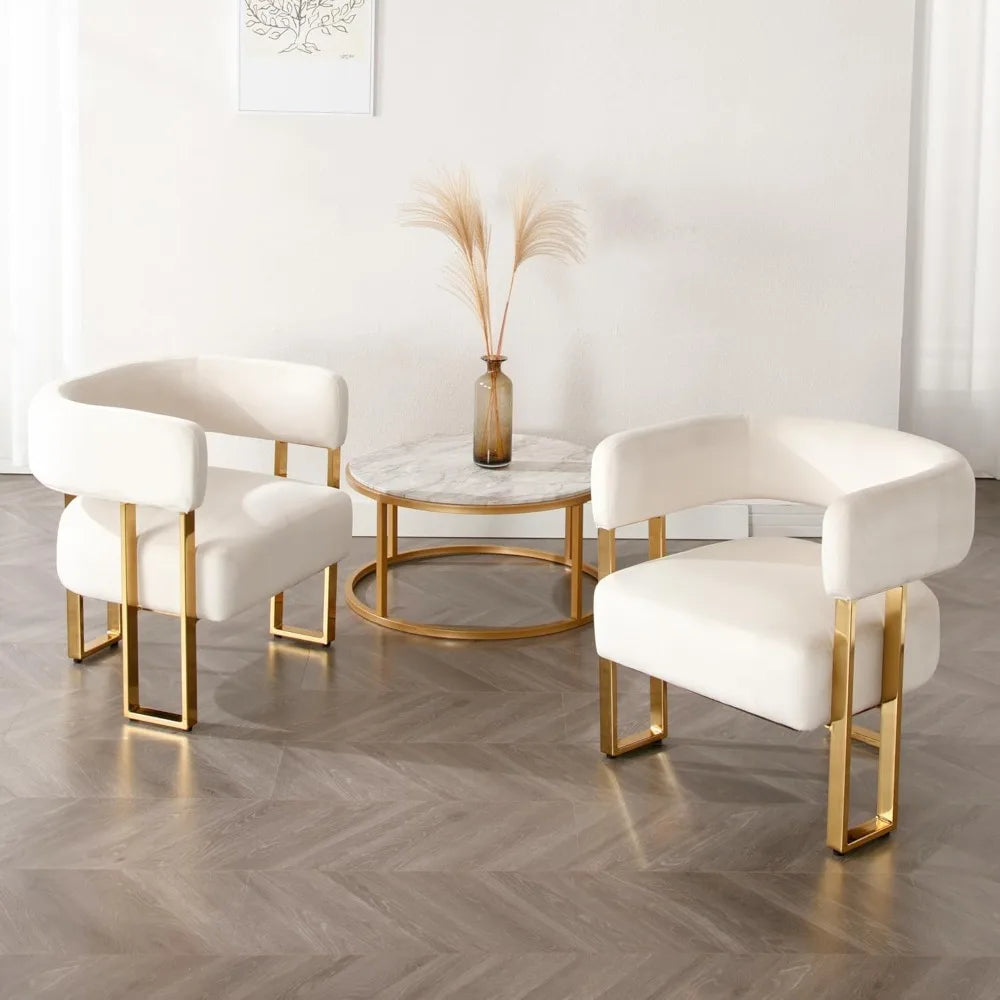 Modern Velvet Accent Chairs Set of 2, Upholstered White Barrel Armchair Living Room Chair with Gold Metal Legs Comfy Corner Sofa