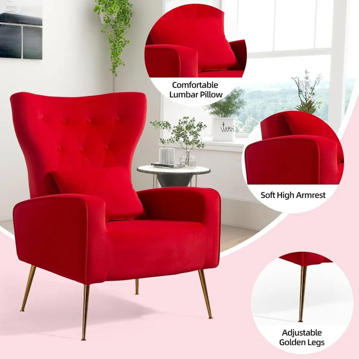 Velvet Accent Arm Chair, Mid-Century Modern Living Room Chair, Wingback Bedroom Side Chair with Gold Legs & Pillow, Button-Tufte
