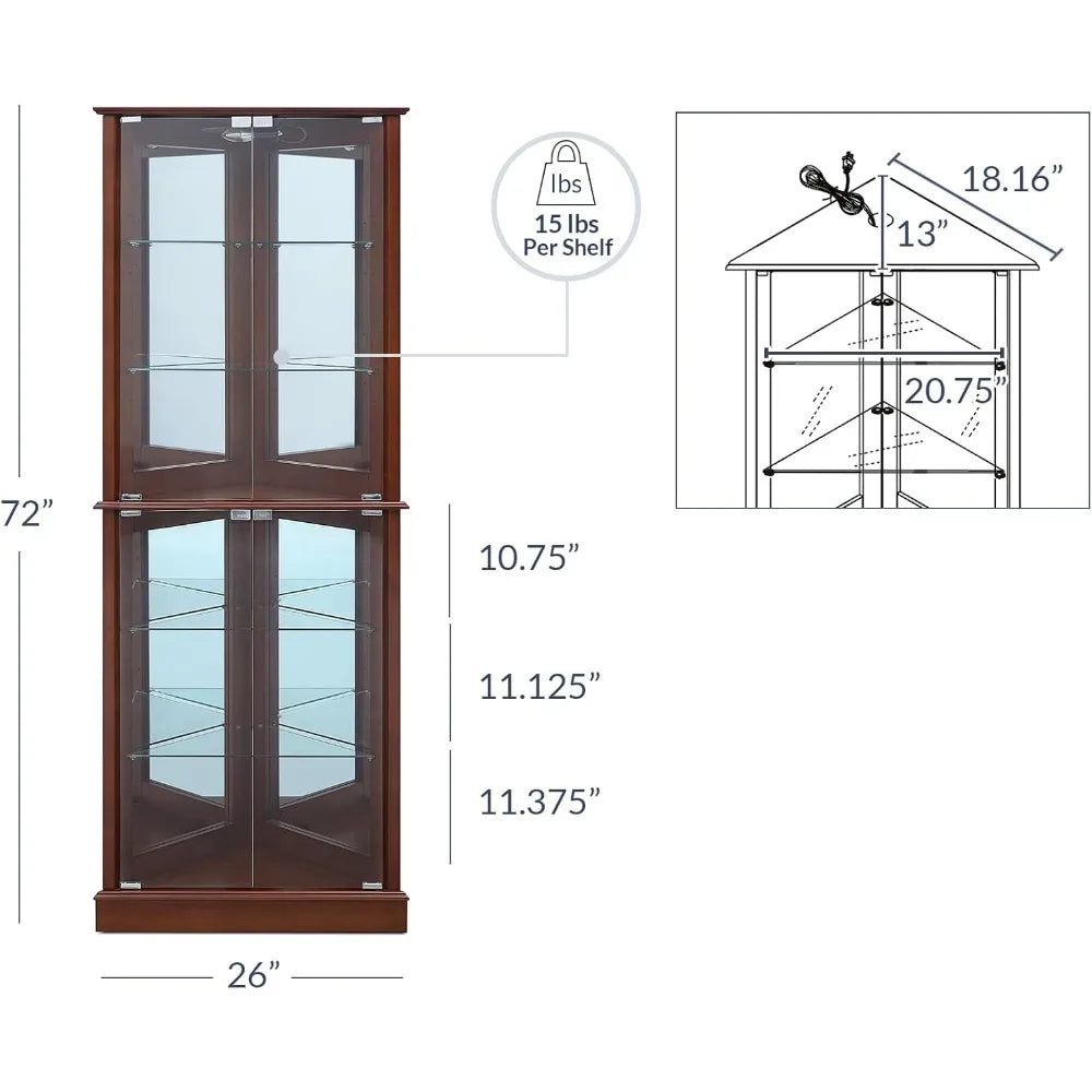 lighted corner display curio cabinet wooden shelving unit with tempered glass door, bar and liquor storage area with 6 shelves