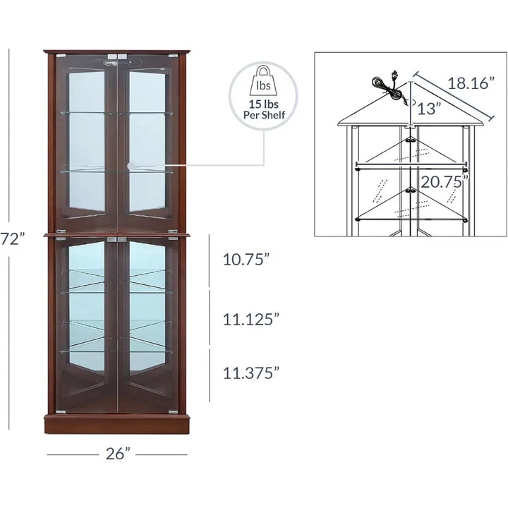 lighted corner display curio cabinet wooden shelving unit with tempered glass door, bar and liquor storage area with 6 shelves