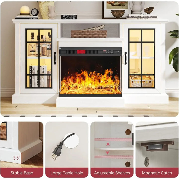 59'' Fireplace TV Stand, 3 Sided Glass Media Entertainment Center Console Table for TVs up to 65'' with Glass Door Adjustable F