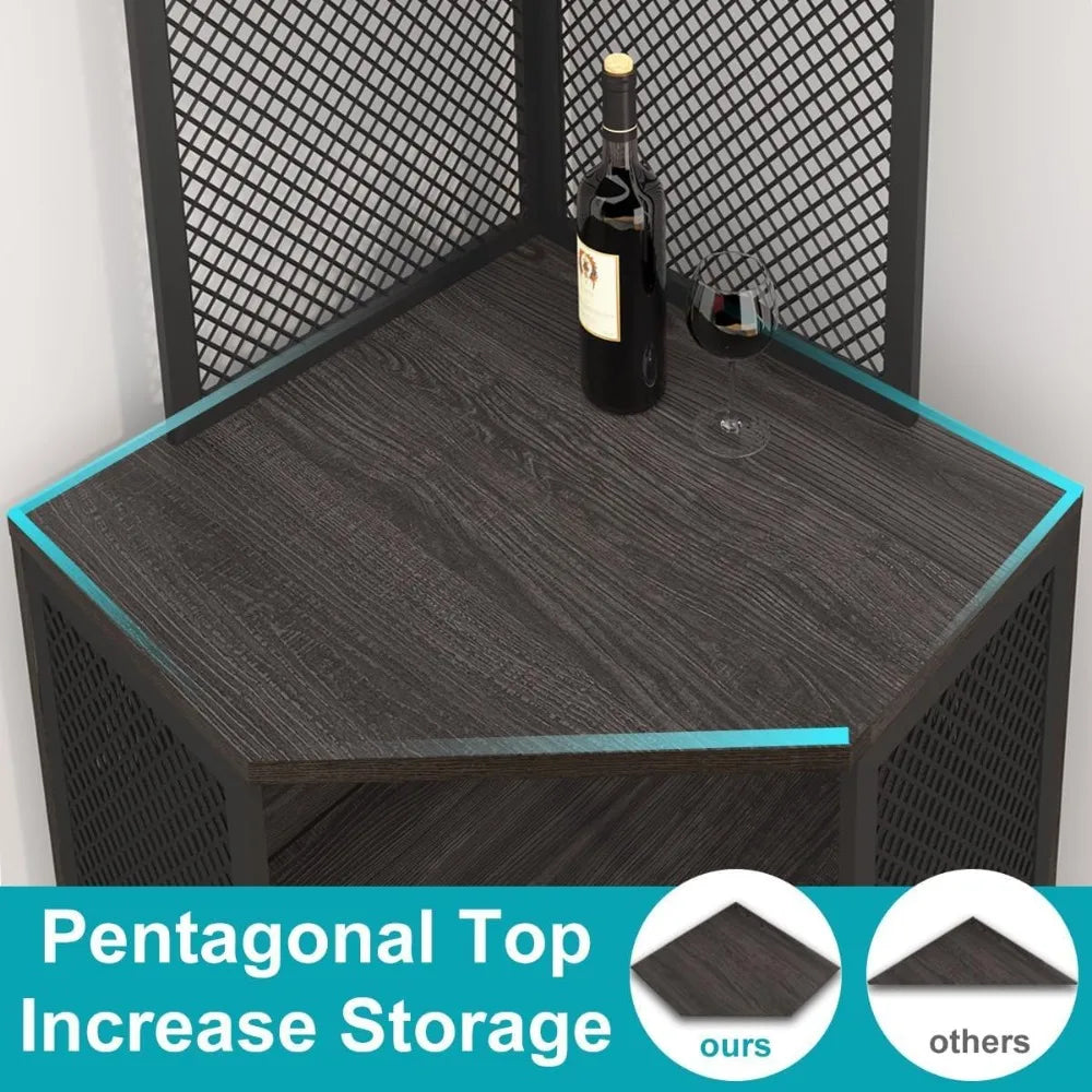 Tall Corner Bar Cabinet, Large Wood and Metal Liquor Cabinet with Wine Rack, Industrial Corner Wine Cabinet with Adjustble Shel