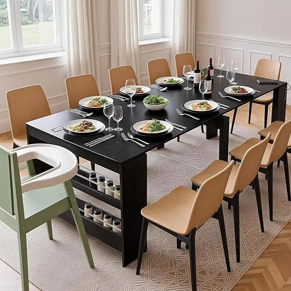 expandable dining table seats 2-12, space-saving design with storage for gatherings and events