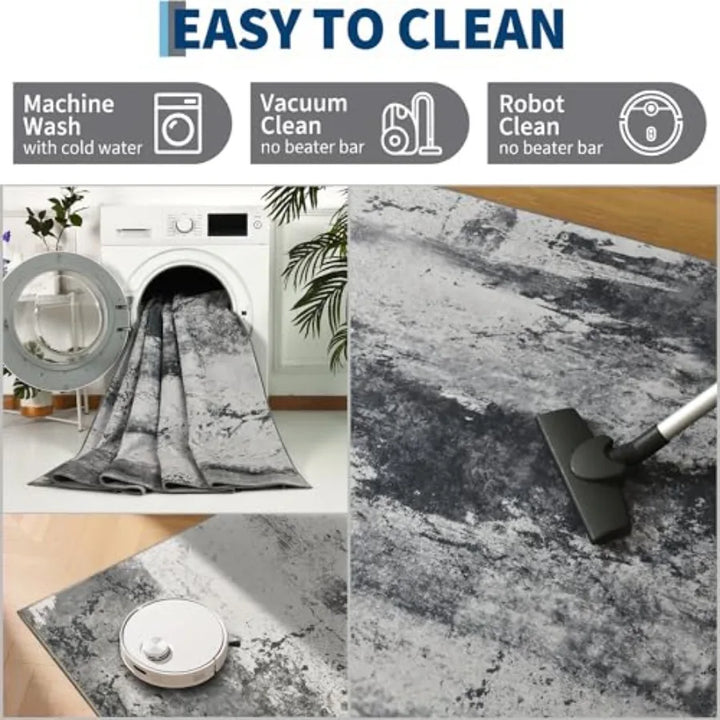 Living Room Rug 7x10 Ink Black Area Rugs Machine Washable Abstract Boho Large Rug NonSlip NonShedding Faux Wool Indoor Vintage