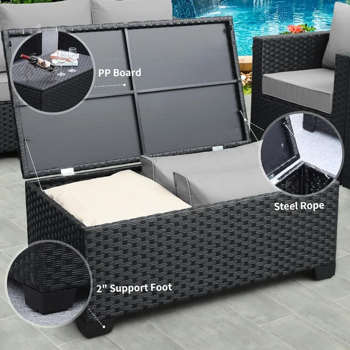 Patio Furniture Sets 7 Pieces Outdoor Furniture Sectional Patio Couches Set with Storage Table Light Grey Cushions