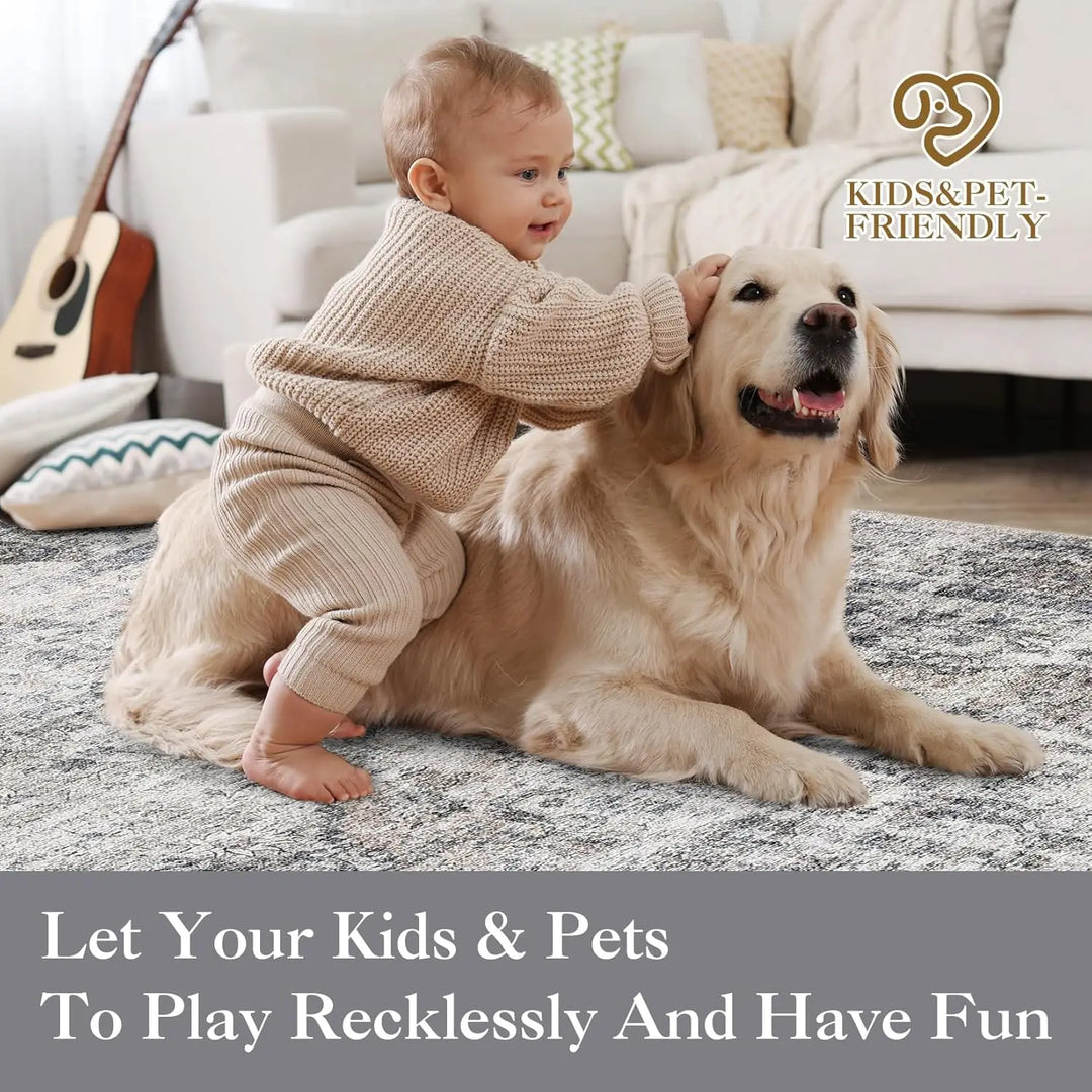 Washable Area Rug Stain-Resistant Throw Rug Indoor Carpet with Non-Slip Backing Foldable Floor Cover for Living Room, Bedroom