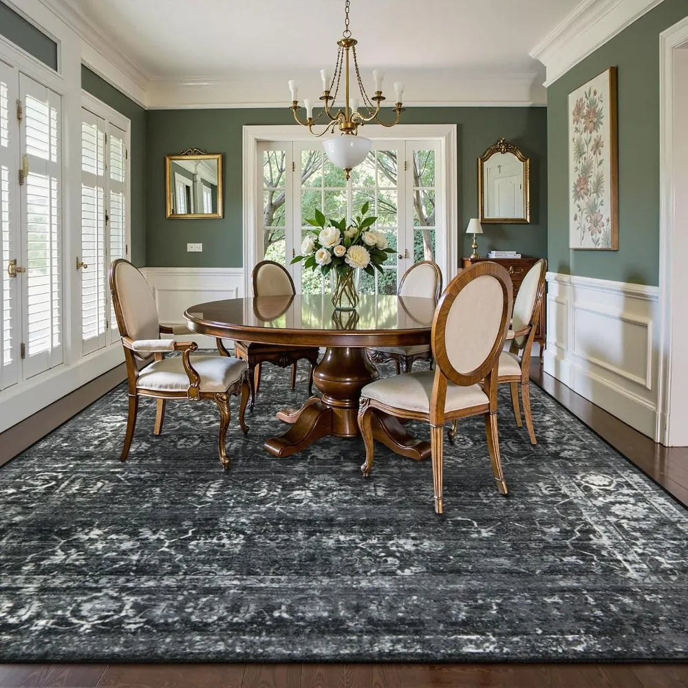 Area Rugs 9x12 Living Room Soft Large Rugs for Bedroom, Boho Black Dining Room Rug, Distressed Non Slip Low Pile Carpet for Ind