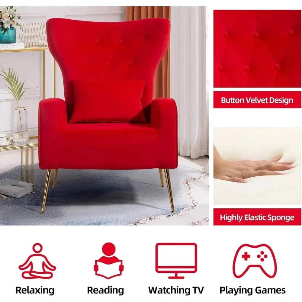 Velvet Accent Arm Chair, Mid-Century Modern Living Room Chair, Wingback Bedroom Side Chair with Gold Legs & Pillow, Button-Tufte