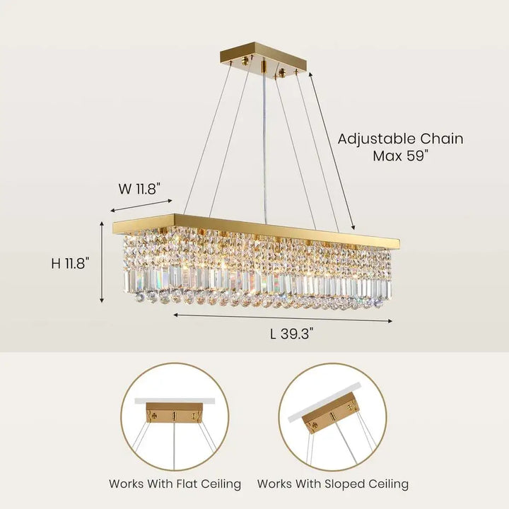 Modern Rectangular Crystal Chandelier Gold Pendant Light Fixture Dining Kitchen Island E12 Bulb 8-Light Adjustable Chain