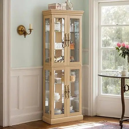 Lighted Glass Display Cabinet, 70" Curio Cabinet with Adjustable Glass Shelves Vintage,China Cabinet with 6 Shelves for Living R