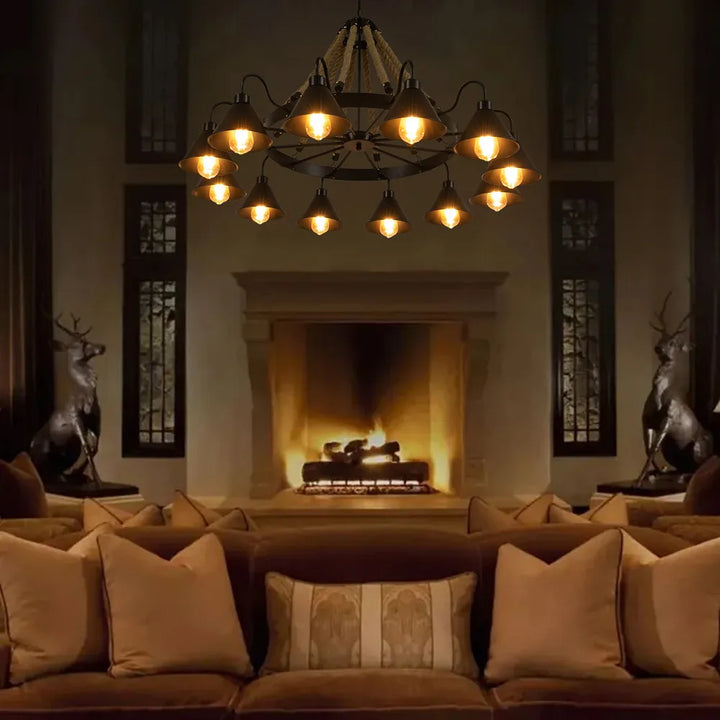 Bymaocar 12 Lights Hemp Rope Vintage Industrial Chandelier Ceiling Light Rustic Wheel Large Pendant Light Fixture Fit  Cafe Bar