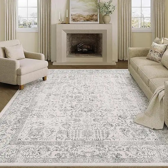 Vintage-Style 6x9 Area Rug, Machine Washable, Distressed Look, Non-Slip, Grey Floral Pattern for Living Room and Bedroom