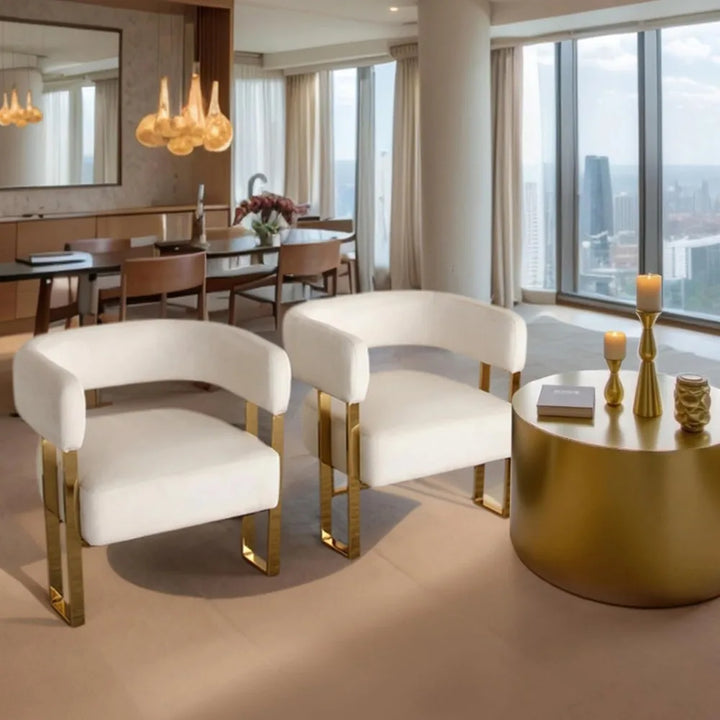 Modern Velvet Accent Chairs Set of 2, Upholstered White Barrel Armchair Living Room Chair with Gold Metal Legs Comfy Corner Sofa