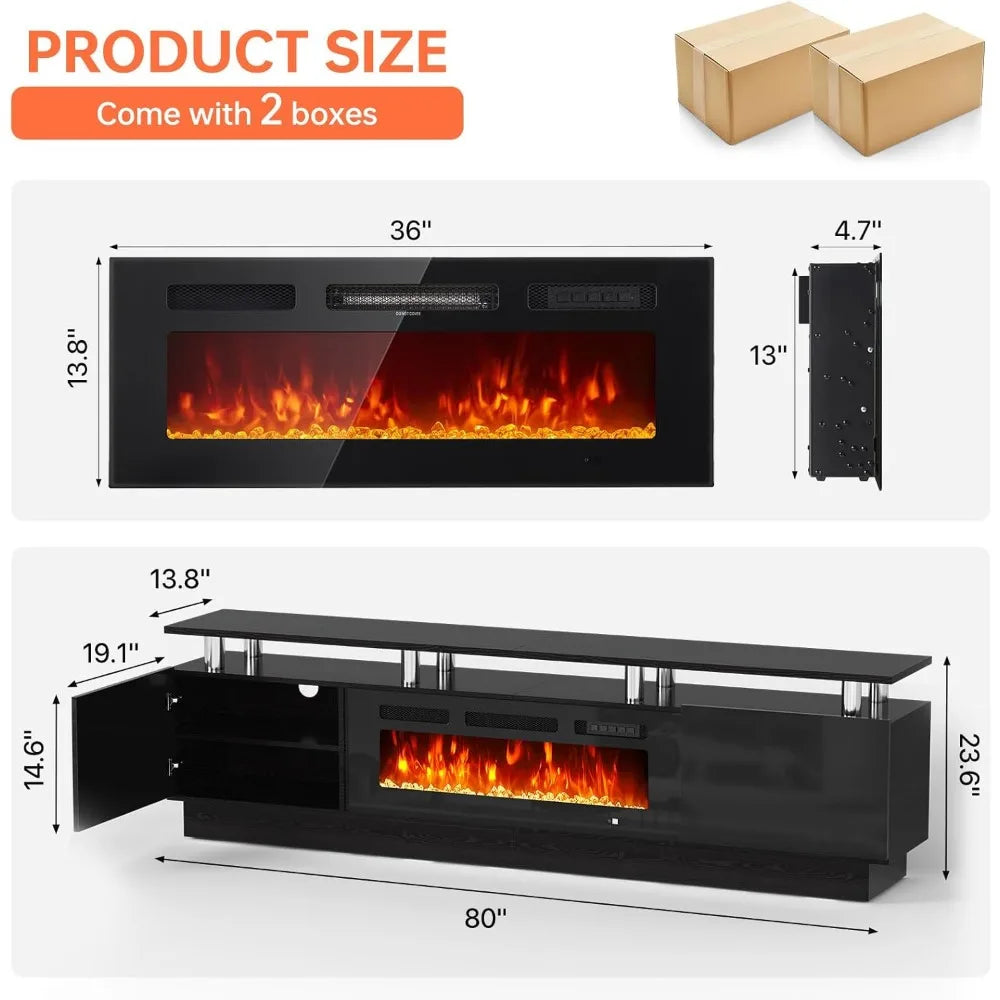 " Fireplace TV Stand, Modern Entertainment Center & 36 Inch Electric Fireplace with Remote Control, LED Light