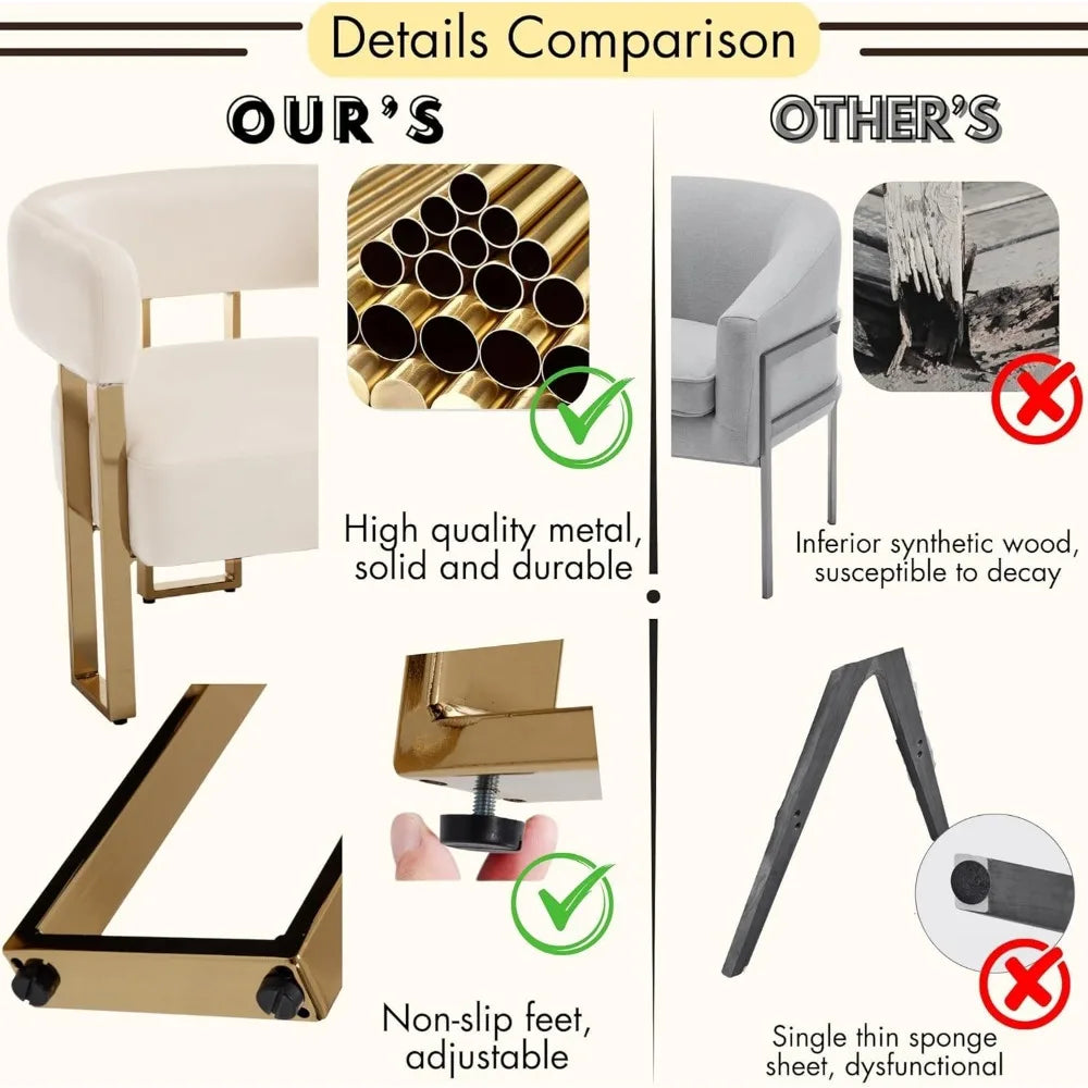 Modern Velvet Accent Chairs Set of 2, Upholstered White Barrel Armchair Living Room Chair with Gold Metal Legs Comfy Corner Sofa