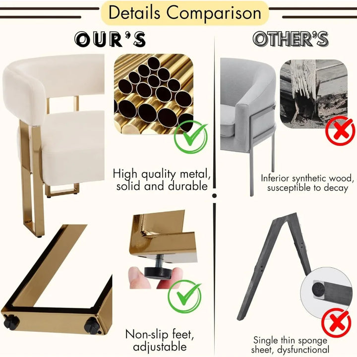 Modern Velvet Accent Chairs Set of 2, Upholstered White Barrel Armchair Living Room Chair with Gold Metal Legs Comfy Corner Sofa