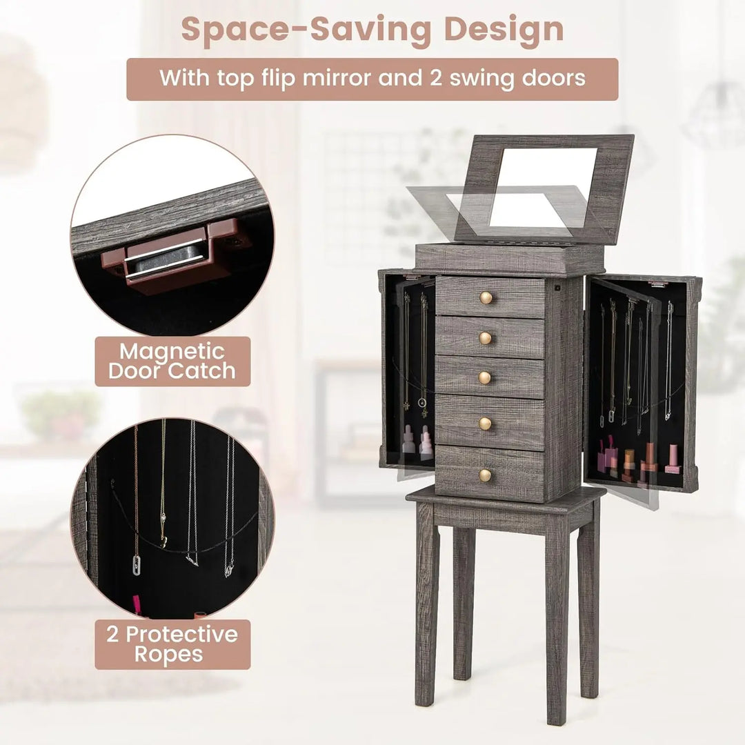 Jewelry Cabinet Armoire with 5 Drawers, 2 Side Doors with 8 Necklace Hooks, Top Flip Mirror, 4-Compartments Organizer, Standing