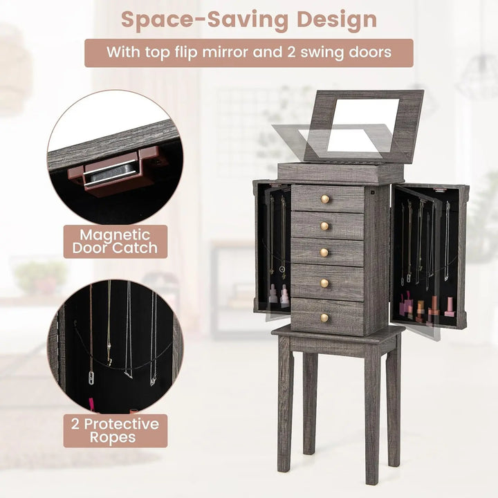Jewelry Cabinet Armoire with 5 Drawers, 2 Side Doors with 8 Necklace Hooks, Top Flip Mirror, 4-Compartments Organizer, Standing