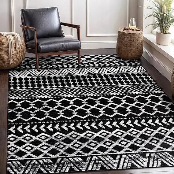 Boho Moroccan Black and White Rug Geometric Diamond 6x9 Area Rugs for Living Room Bedroom Kitchen Modern Bohemian Soft Stain Re