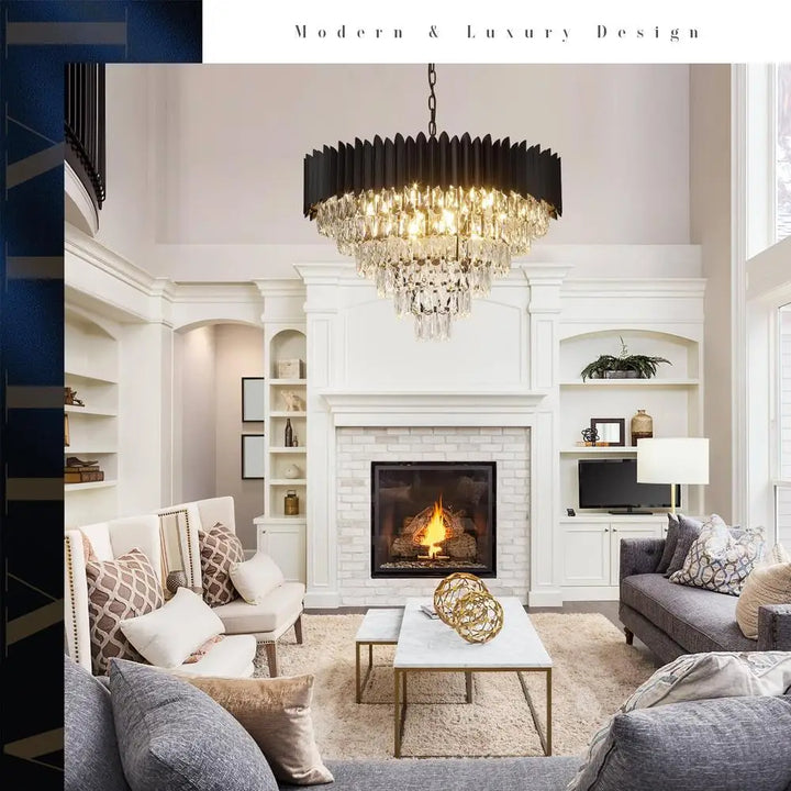 Modern Luxury Black Crystal Chandelier 30" 16-Light Round Fixture High Ceiling Pendant Foyer Living Room Dining Kitchen Hotel