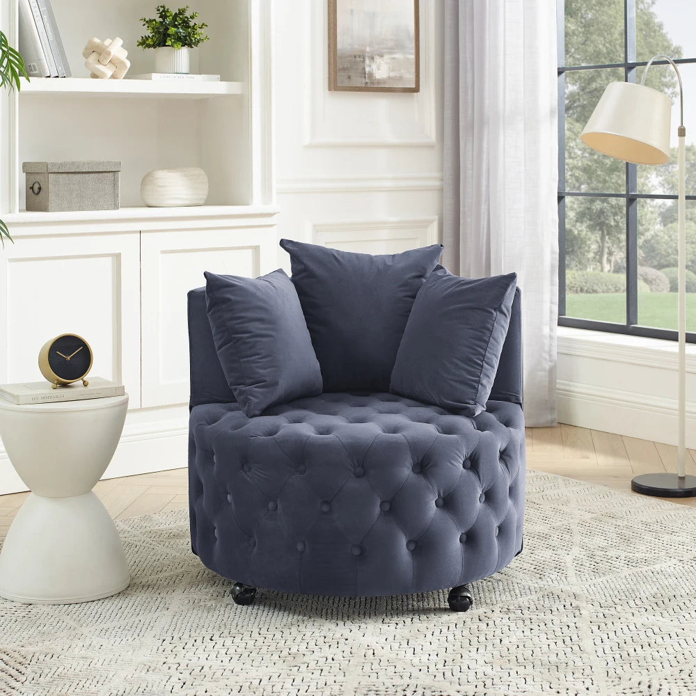 Velvet Upholstered Swivel Chair for Living Room, with Button Tufted Design and Movable Wheels, Including 3 Pillows, Black
