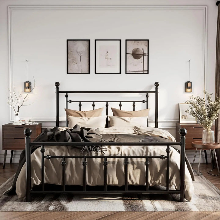 14'' Queen Size Metal Platform Bed Frame/Victorian Headboard and Footboard/Steel Slats Mattress Foundation for Storage