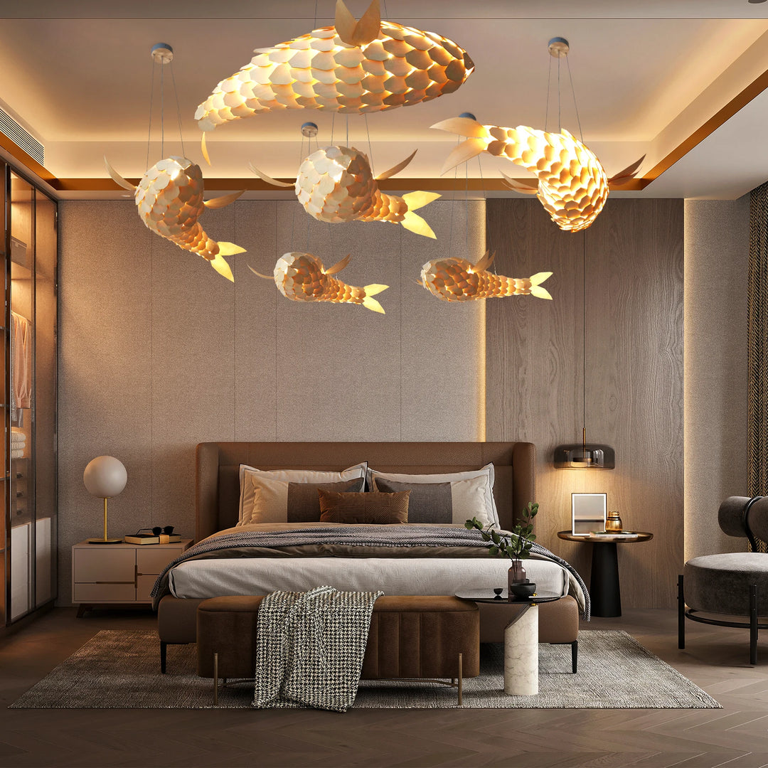 23.6'' Modern LED Fish-Shaped Pendant Light, Adjustable Height Chandelier with Metal Frame Artistic Hanging Lamp for Dining Room