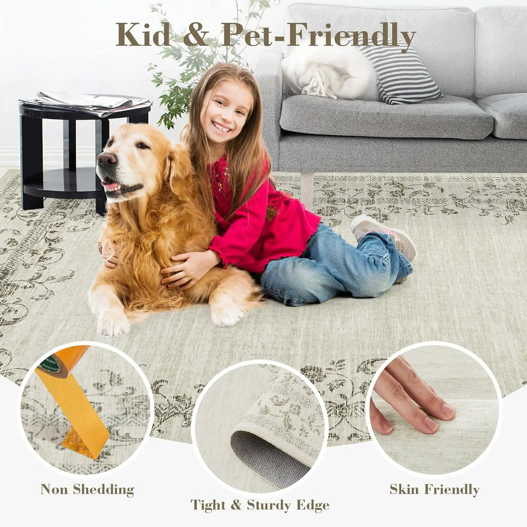 Washable Area Rug for Bedroom Farmhouse Rugs for Living Room Indoor Floral Bordered Large Rug Soft Carpet for Dining Room Office