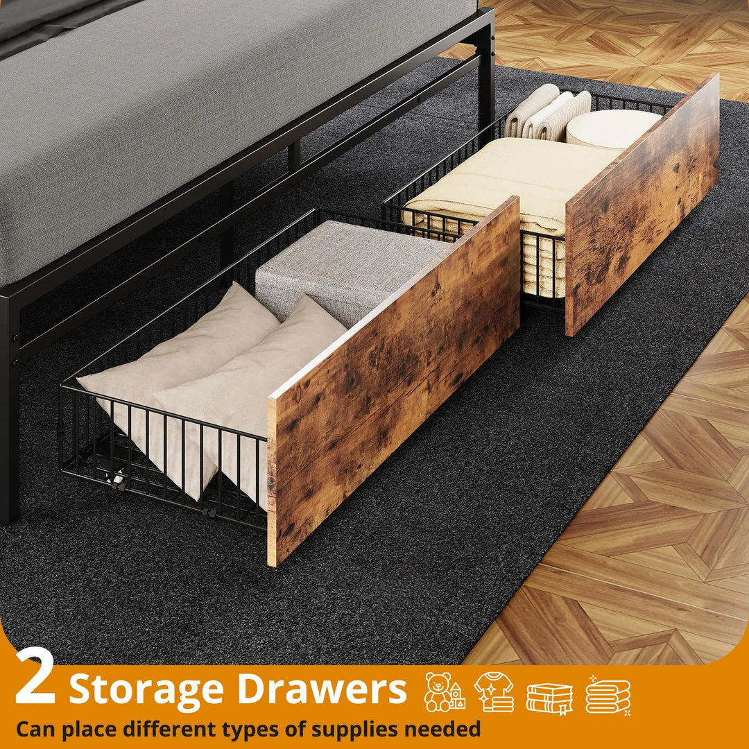 LIKIMIO California King Size Bed Frame, Storage Headboard with Charging Station, Platform Bed with Drawers, No Box Spring Needed