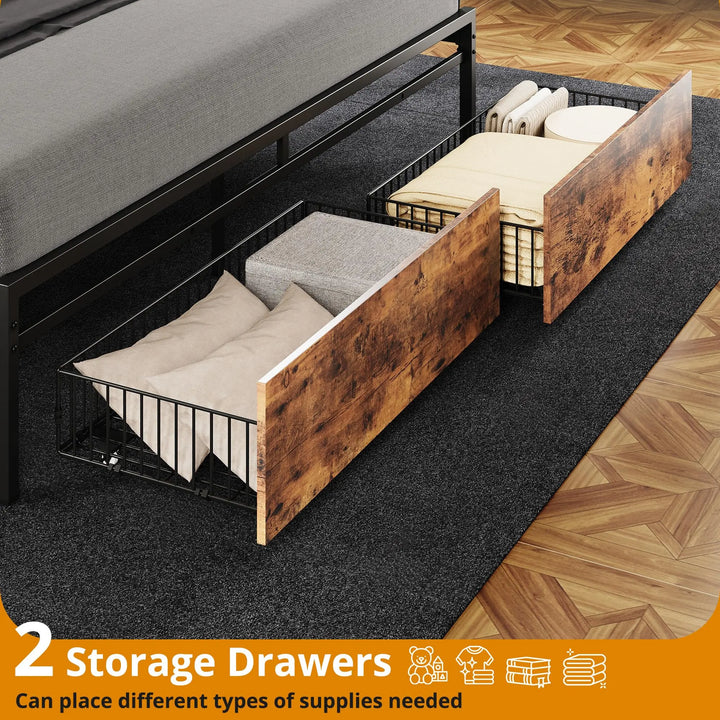 LIKIMIO California King Size Bed Frame, Storage Headboard with Charging Station, Platform Bed with Drawers, No Box Spring Needed