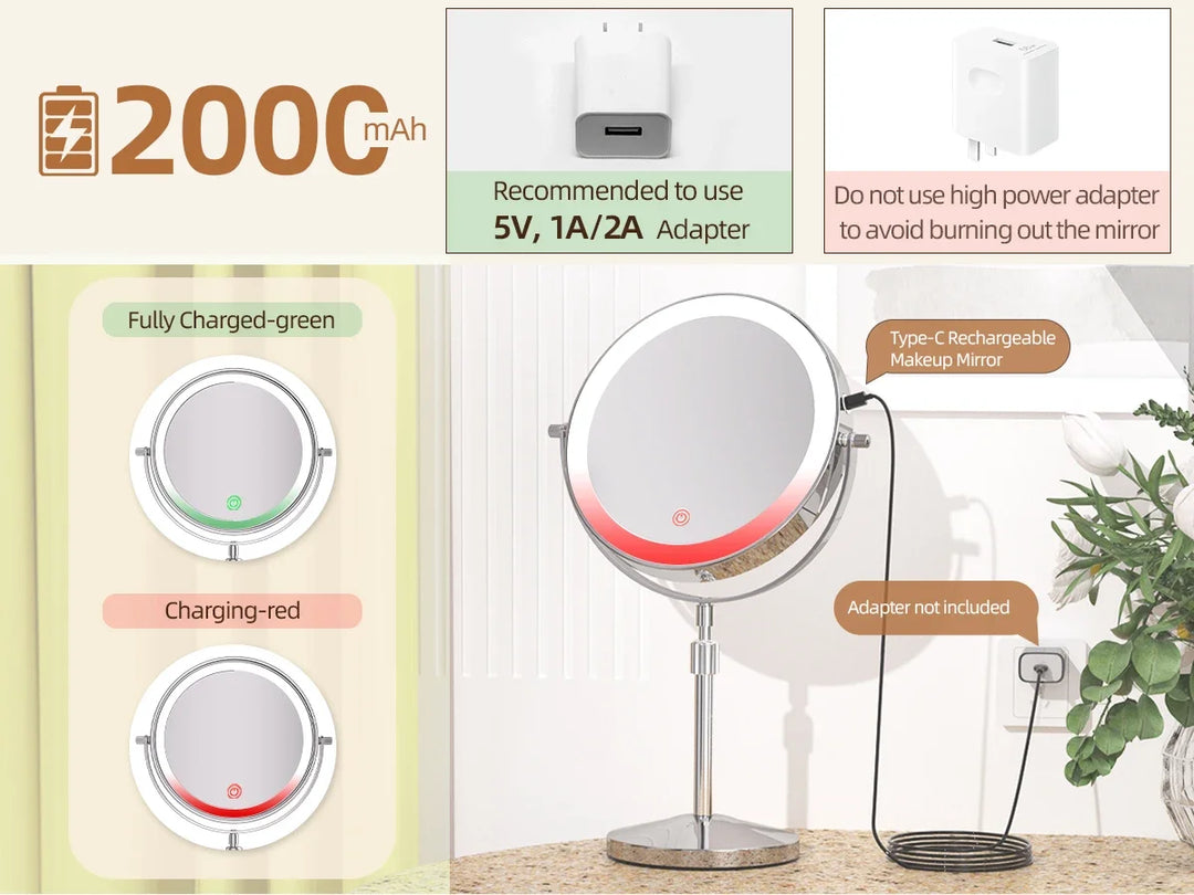 8 Inch Makeup Mirror With Light Lamp 10X Magnification 3 Color Lights,Adjustable Brightness Height Standing Cosmetic Mirror