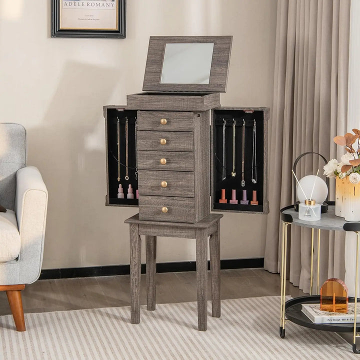 Jewelry Cabinet Armoire with 5 Drawers, 2 Side Doors with 8 Necklace Hooks, Top Flip Mirror, 4-Compartments Organizer, Standing