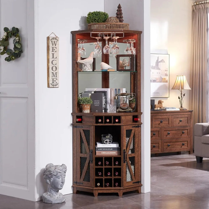 corner bar storage cabinet, 72" tall farmhouse wine cabinet w/barn door & adjustable shelf, home bar w/led light & glass rack f