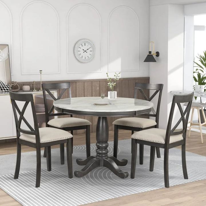 5 Pieces Dining Table and Chairs Set for 4 Persons, Farmhouse Rustic Modern Kitchen Room Solid Wood Pedestal Table with 4 Cross