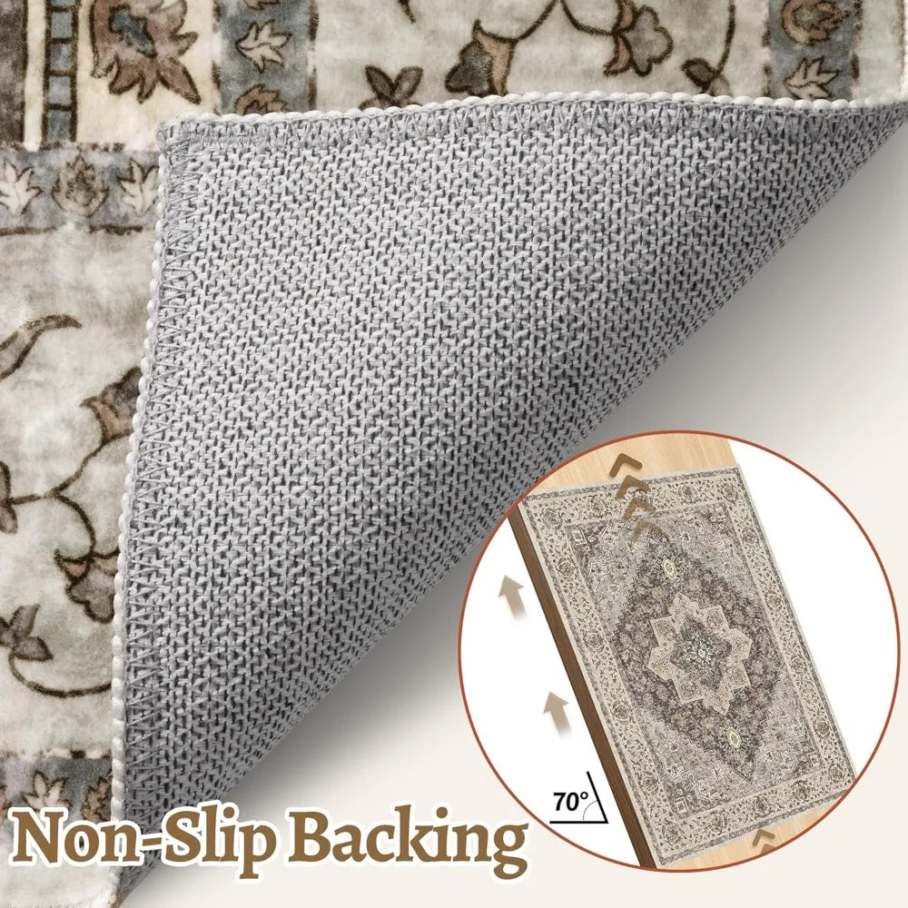 Vintage 8x10 Large Area Rugs for Living Room, Washable Indoor Non-Slip Rugs with Distressed Brown/Grey Print Design