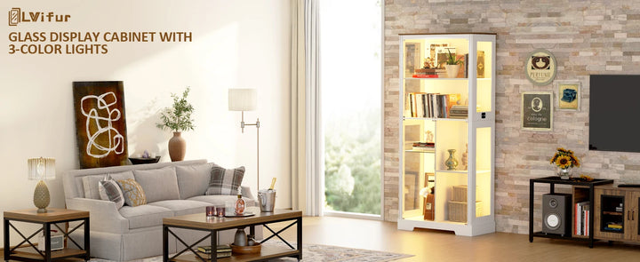 71” Display Cabinet with Glass Doors, Modern Curio Cabinet with 3 Color Lights, 7-Tiers Glass Display Cases for Collectibles,