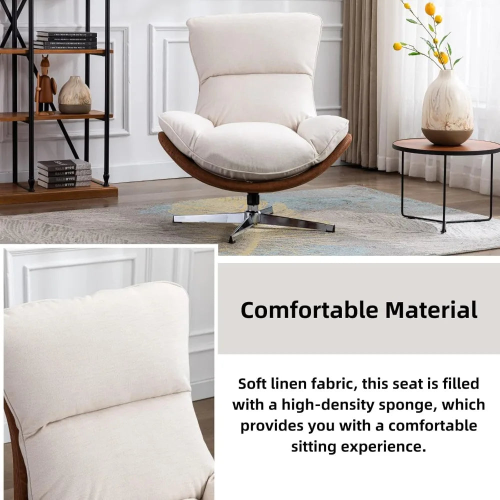 linen swivel lounge chair, upholstered high back accent chair with metal base armelss comfy modern recliner chair for living ro
