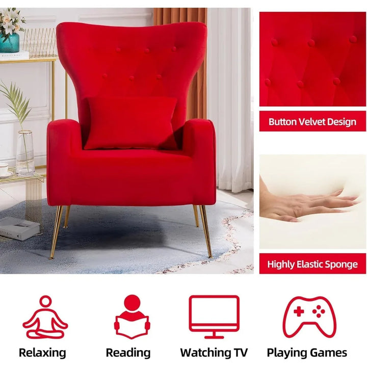 Velvet Accent Arm Chair, Mid-Century Modern Living Room Chair, Wingback Bedroom Side Chair with Gold Legs & Pillow, Button-Tufte