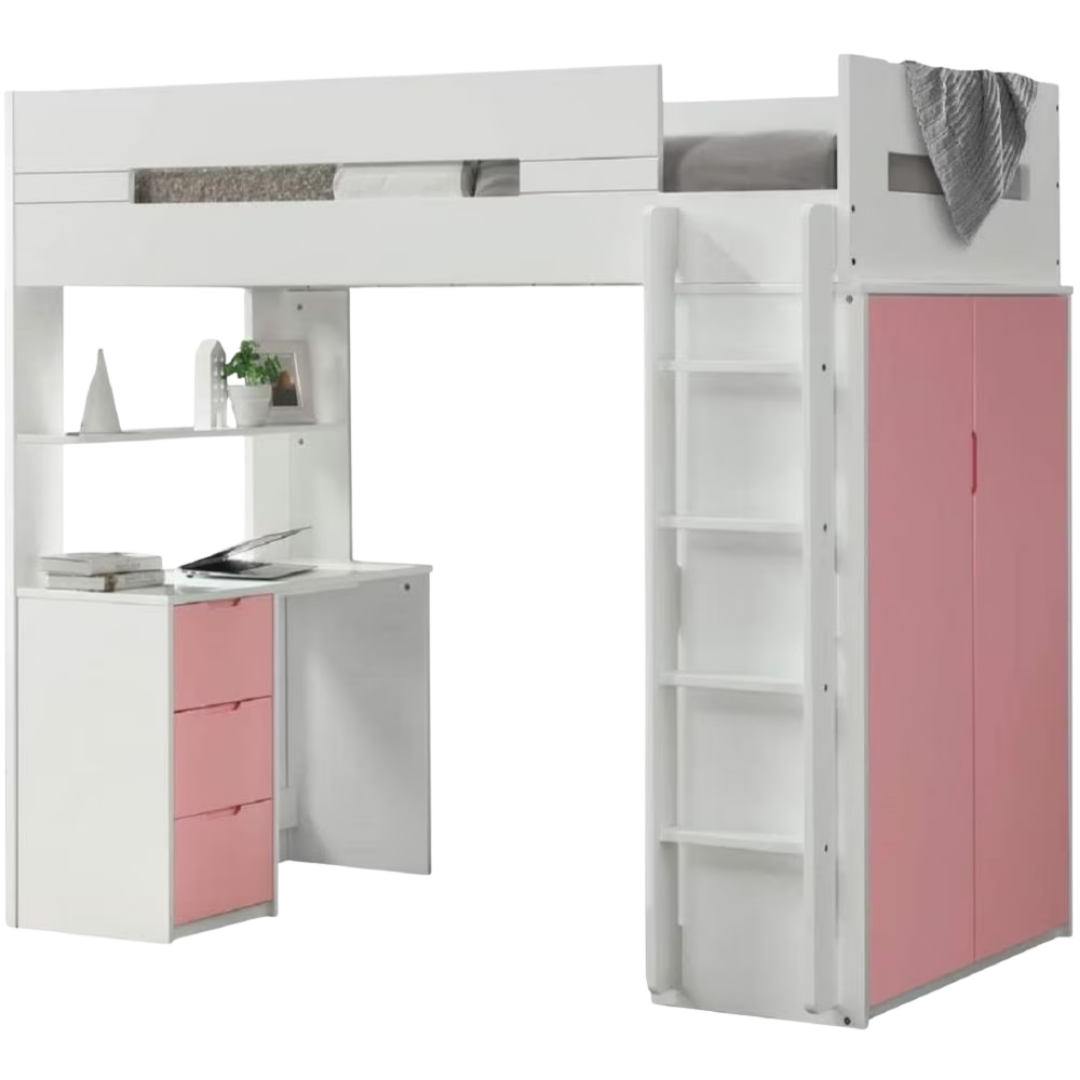 White And Pink Twin Loft Bed And Desk