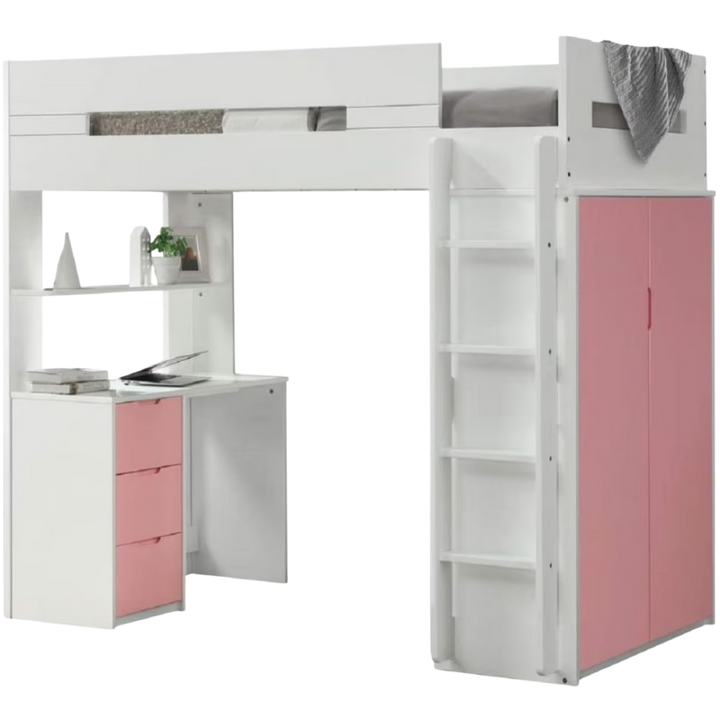 White And Pink Twin Loft Bed And Desk