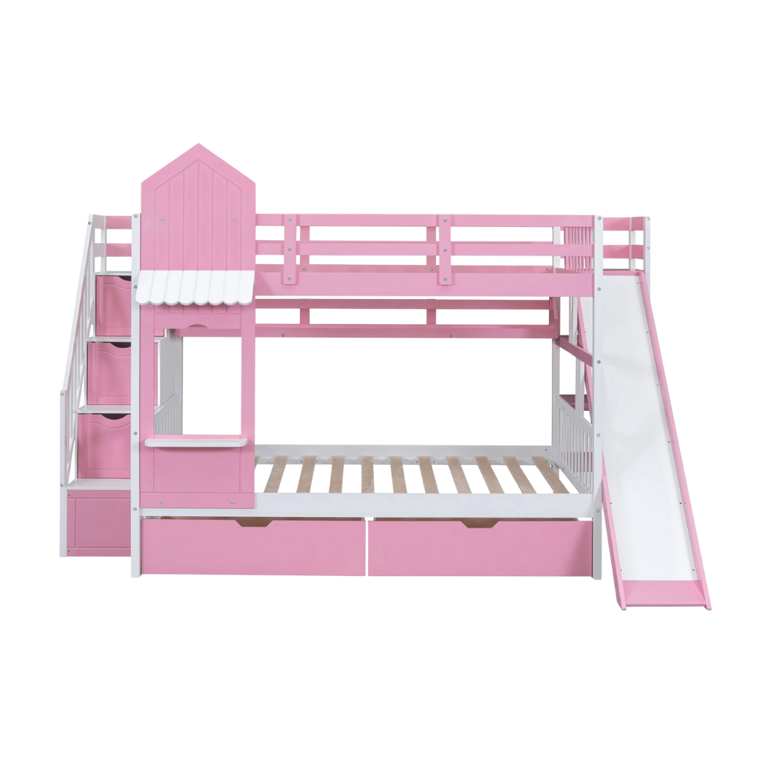 Full Over Full Castle Bunk Bed with Slide, Built-in Storage Drawers and Shelves, Sturdy and Fun Loft Design for Bedroom, Pink