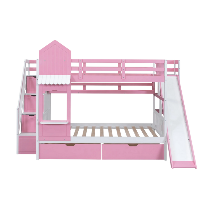 Full Over Full Castle Bunk Bed with Slide, Built-in Storage Drawers and Shelves, Sturdy and Fun Loft Design for Bedroom, Pink