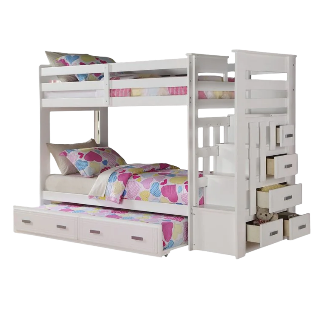 97" X 43" X 68" Twin Over Twin White Storage Ladder And Trundle  Bunk Bed