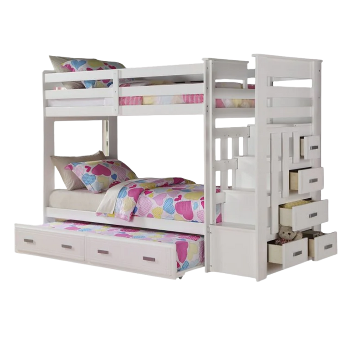 97" X 43" X 68" Twin Over Twin White Storage Ladder And Trundle  Bunk Bed