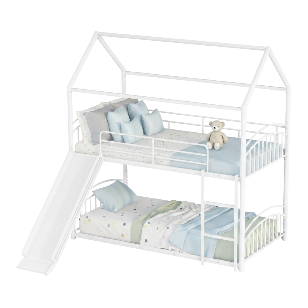 Twin Over Twin Metal Bunk Bed with Slide, House Bed Frame with Playful Design, Sturdy and Modern Structure, White