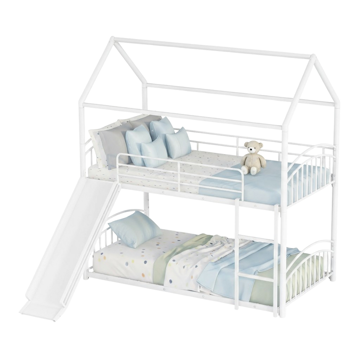 Twin Over Twin Metal Bunk Bed with Slide, House Bed Frame with Playful Design, Sturdy and Modern Structure, White