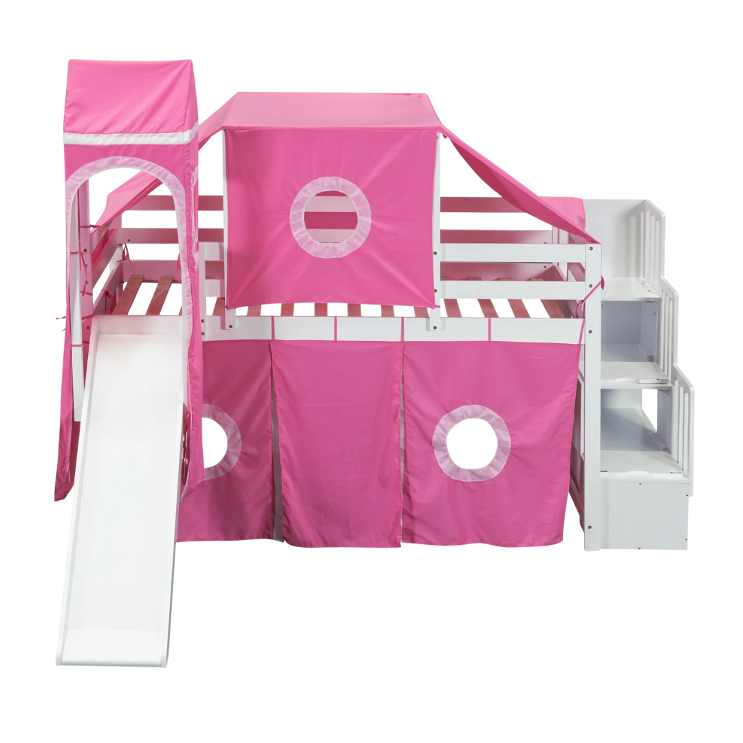 Twin Size Loft Bed with Tent and Tower, Sturdy Wooden Frame, Adventure-Themed Fun and Functional Design for Bedroom, Pink