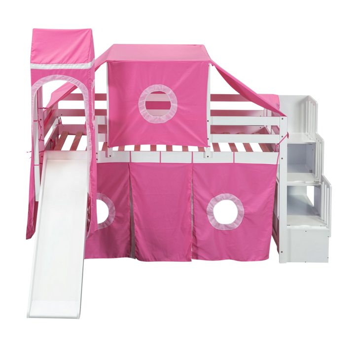 Twin Size Loft Bed with Tent and Tower, Sturdy Wooden Frame, Adventure-Themed Fun and Functional Design for Bedroom, Pink